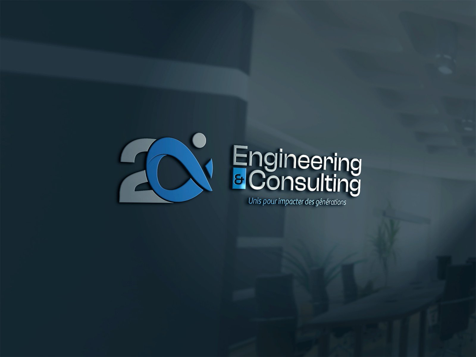Enseigne de la marque Les 20V Engineering & Consulting sur une vitrine de bureau